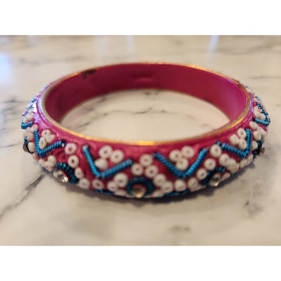 Vintage Pink & Blue Beaded Bangle With Intricate White Design - Picture 2 of 3